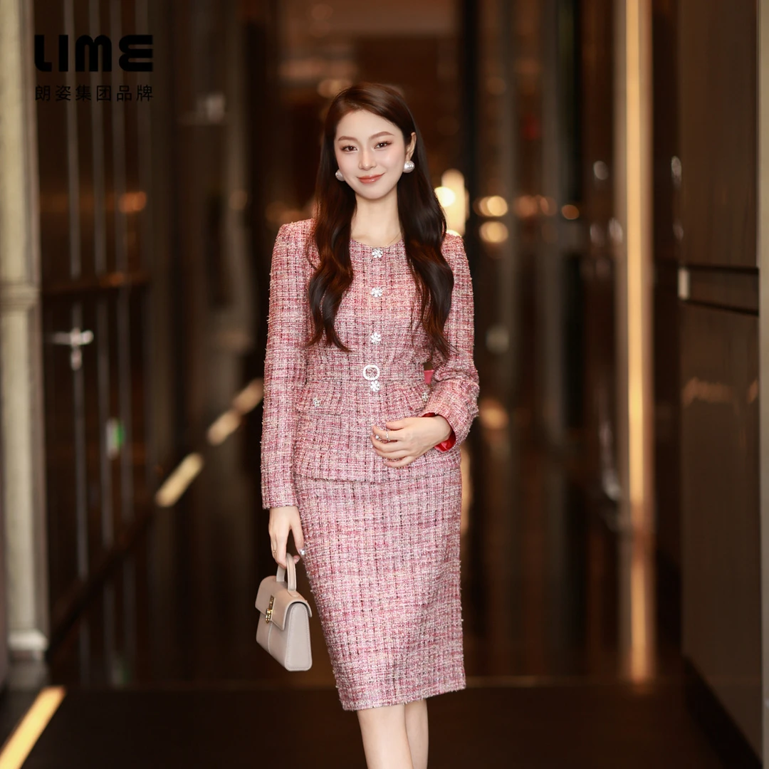 朗姿/莱茵【呢喃花语】肌理感通勤玫瑰花呢上衣胭脂红LDGD9BCCJ302