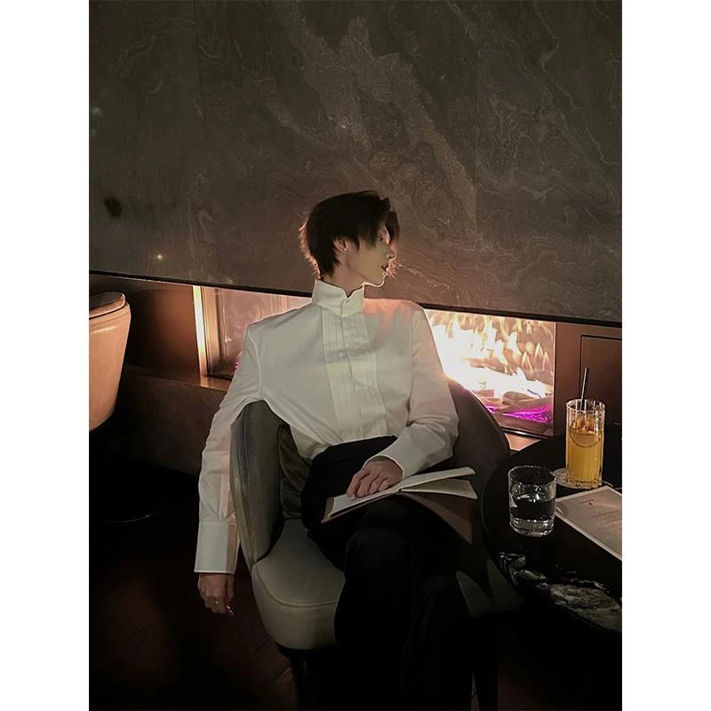 【JRXR男装】法式衬衫男高级感褶皱设计白色垫肩长袖衬衣春季新款