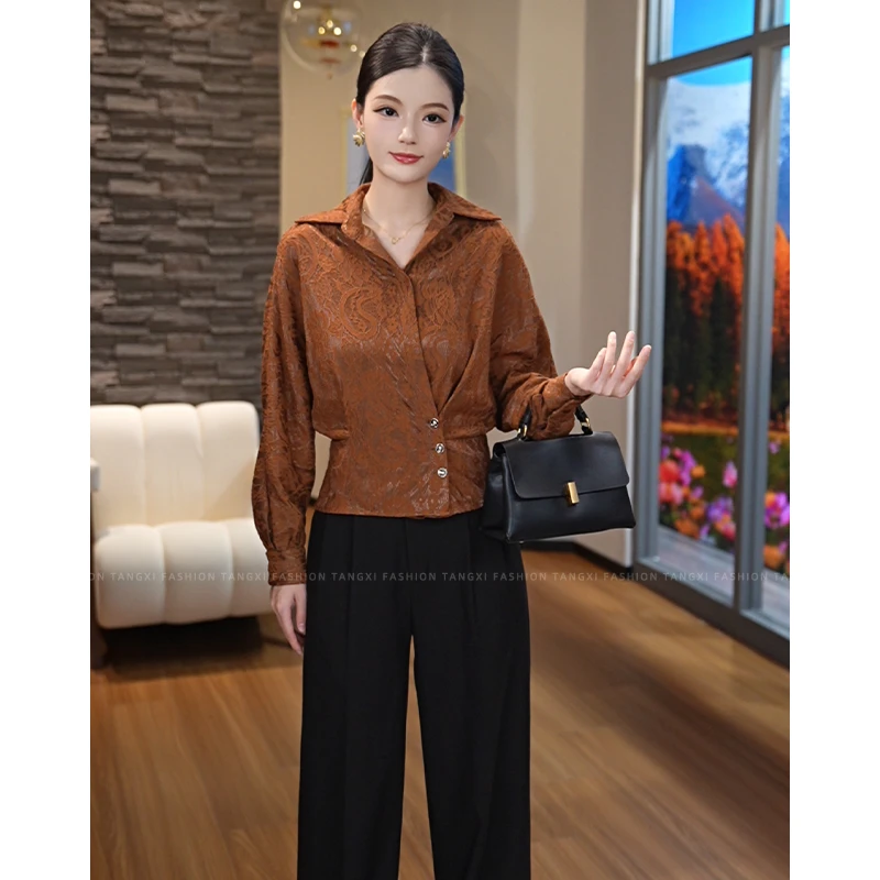 2025秋季新款【TX-8195】春秋四季通用修身型复古提花衬衫拼接上衣