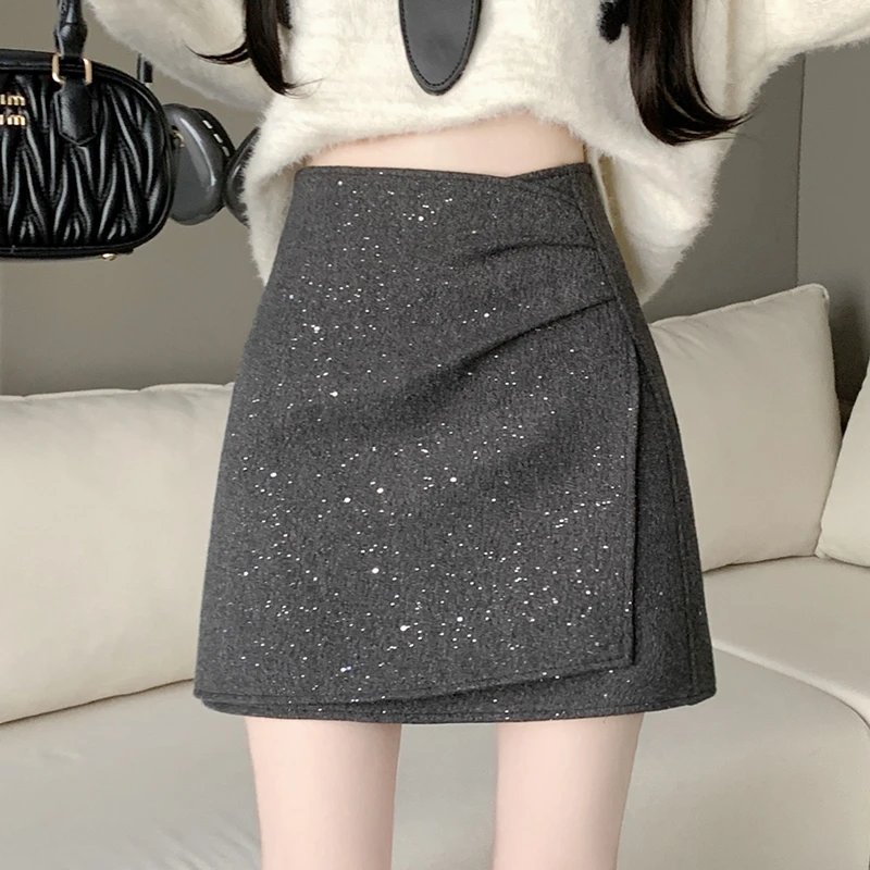 不规则亮片毛呢半身裙女2025秋冬新款高腰显瘦防走光a字包臀短裙