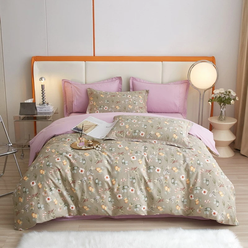 简约长绒棉印花纯棉四件套花边床单被套床上用品四件套南通家纺