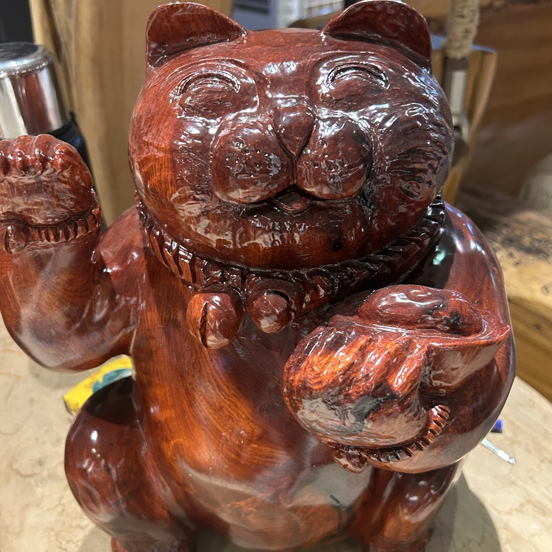 【大果紫檀 缅甸花梨木】招财猫木雕作品家居装饰