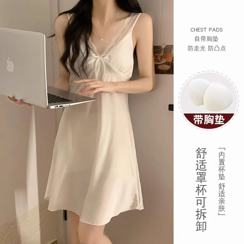 蕾丝吊带睡裙夏季女款2025新款女士性感纯欲带胸垫奶白睡衣裙夏天