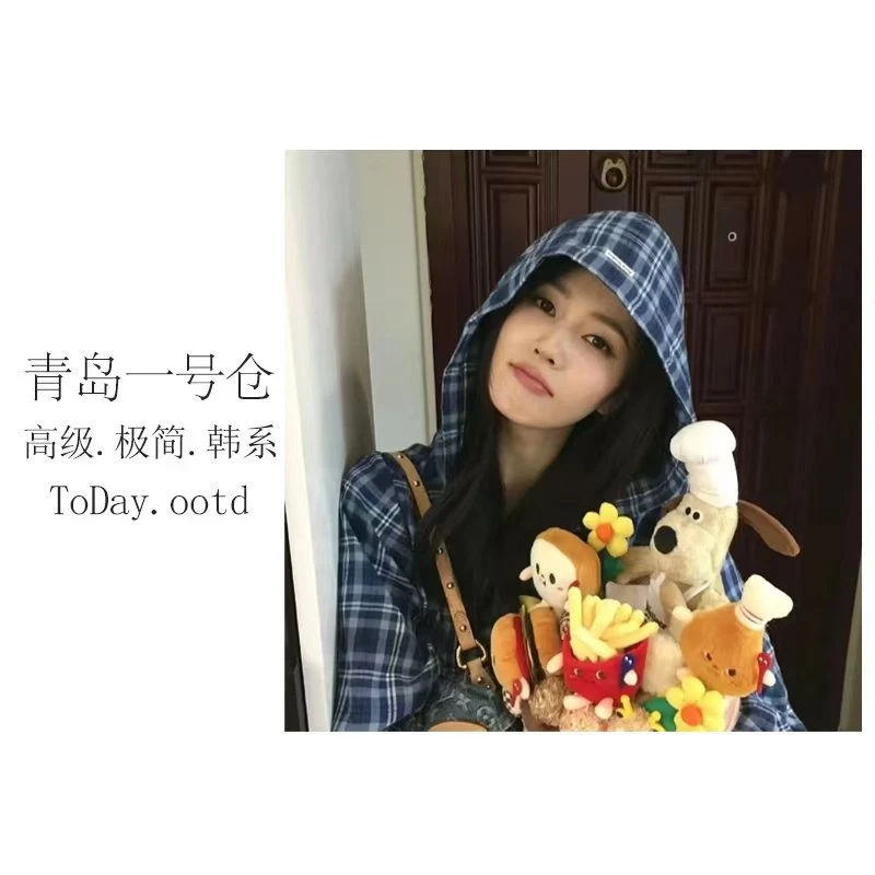 【白鹿同款】早春新款蓝色格纹系带收腰连帽长袖纯棉外套女-S25017