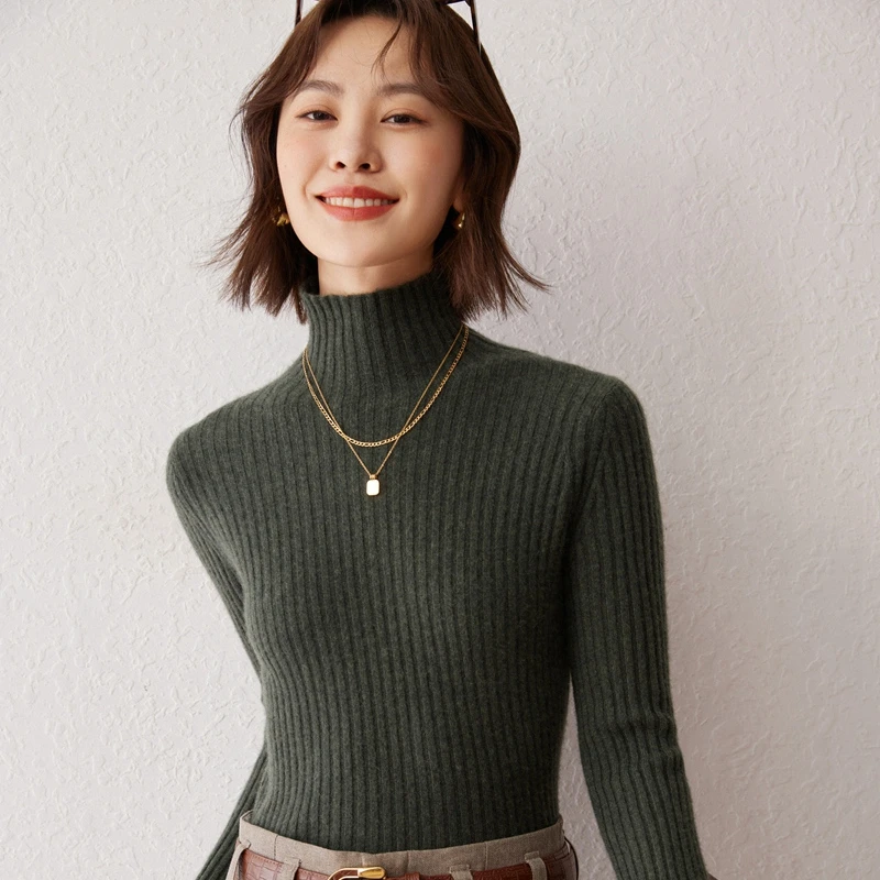 【纯色100%纯山羊绒衫】女半高领毛衣修身抽条针织打底秋冬