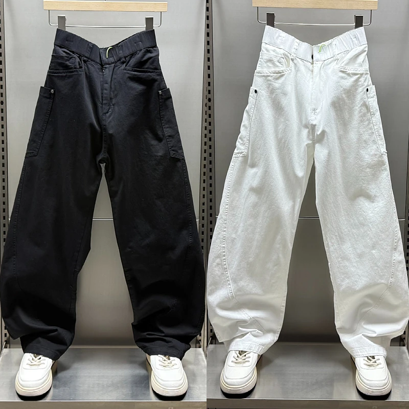 夏季新款美式拼接弯刀裤男女款潮牌宽松百搭直筒阔腿运动休闲长裤