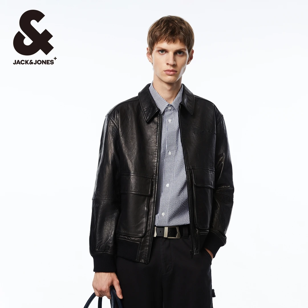 杰克琼斯春季新款酷高街时尚机车字母刺绣翻领宽松夹克外套男装