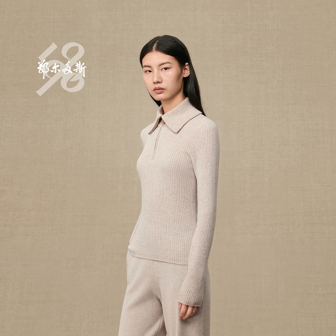 【翻领抽条羊绒衫】鄂尔多斯1980新品半拉链女装修身羊绒衫25秋冬