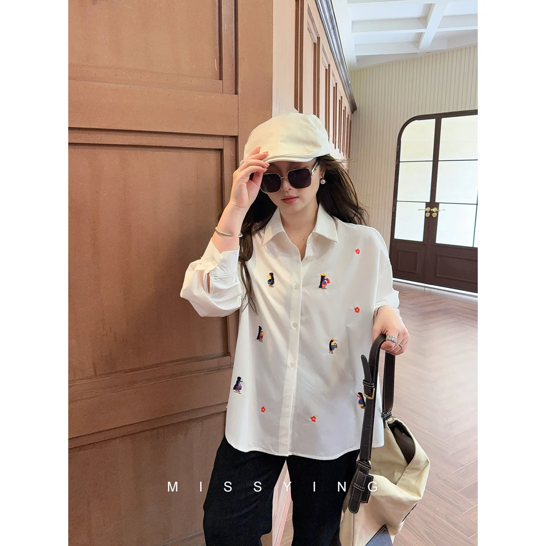 应小姐【尼斯少女】微胖大码秋季韩版显瘦设计宽松刺绣百搭长袖衬衫