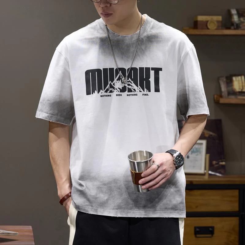 LEIGHZ/雷茨复古做旧水洗男夏季宽松渐变纯棉休闲上衣男装短袖t恤