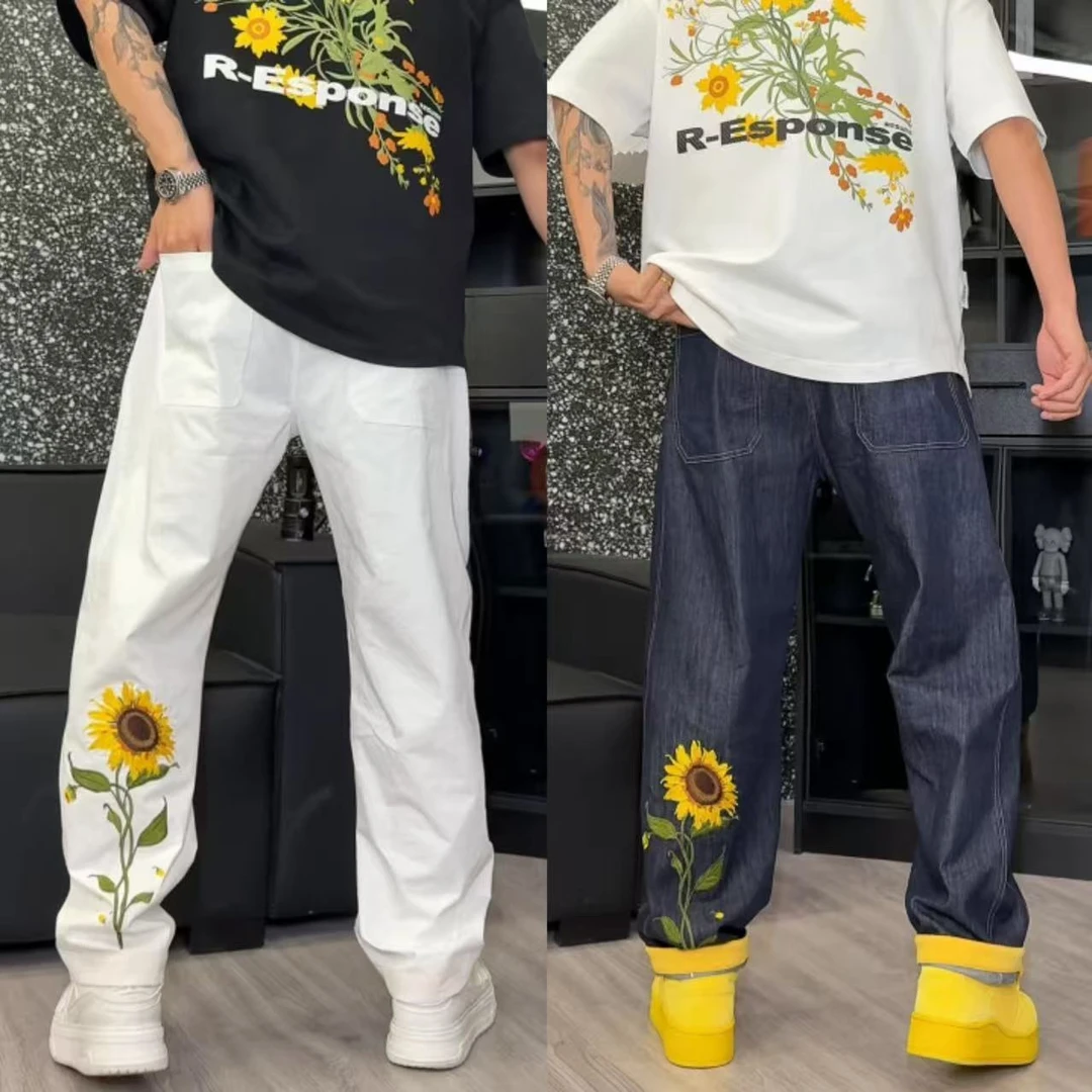 《直播间同款》2025夏季新款向日葵卷边休闲裤男时尚百搭直筒牛仔裤