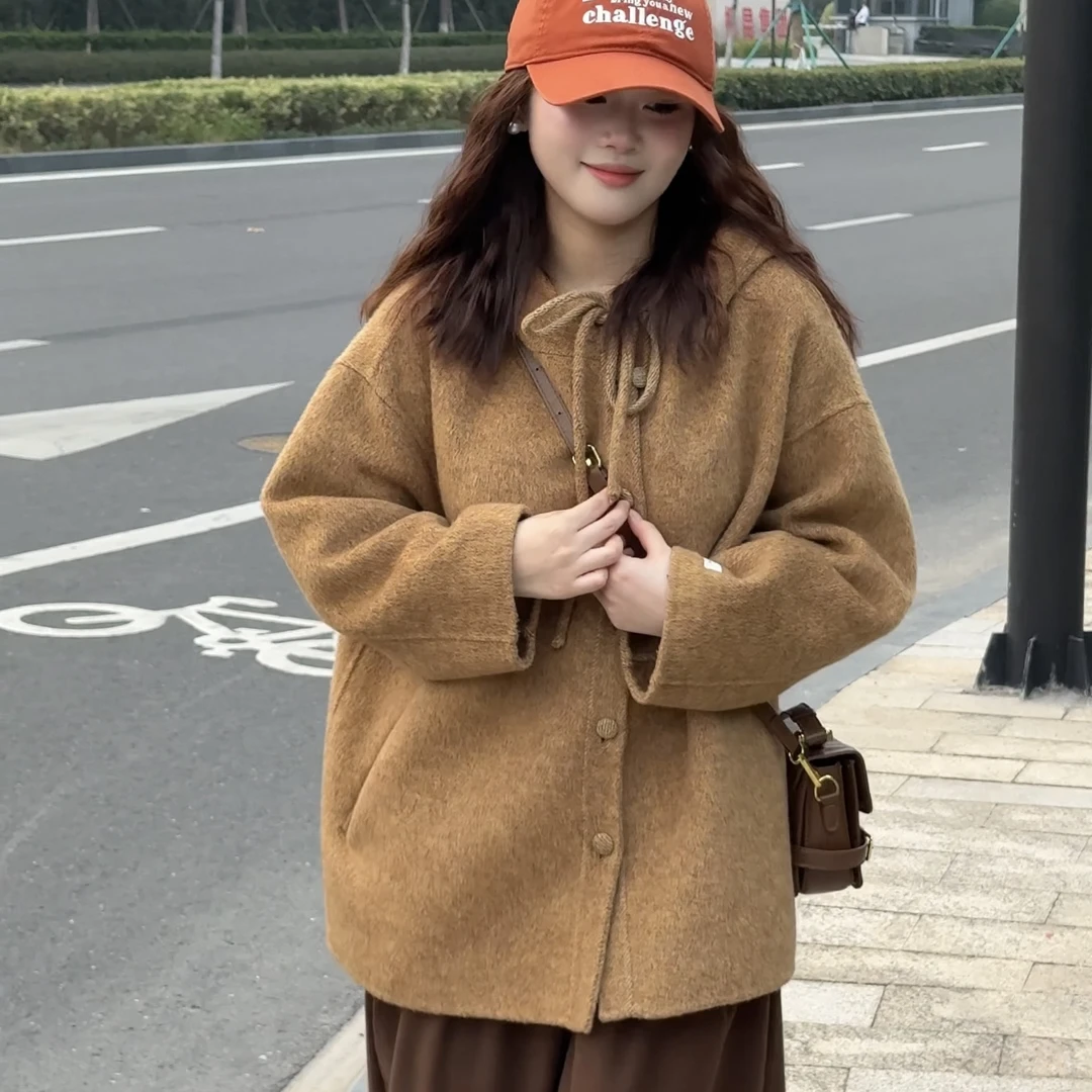 2025秋冬双面羊毛大衣女韩范蝴蝶结减龄连帽斗篷宽松羊毛呢外套女