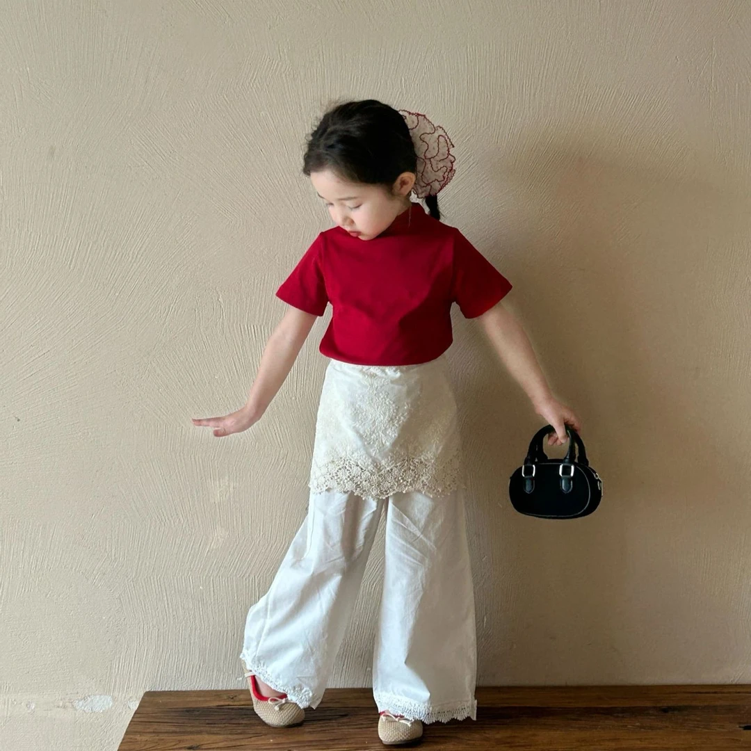 女童夏季新款套装儿童洋气纯色半高领T恤+白色屁帘直筒裤