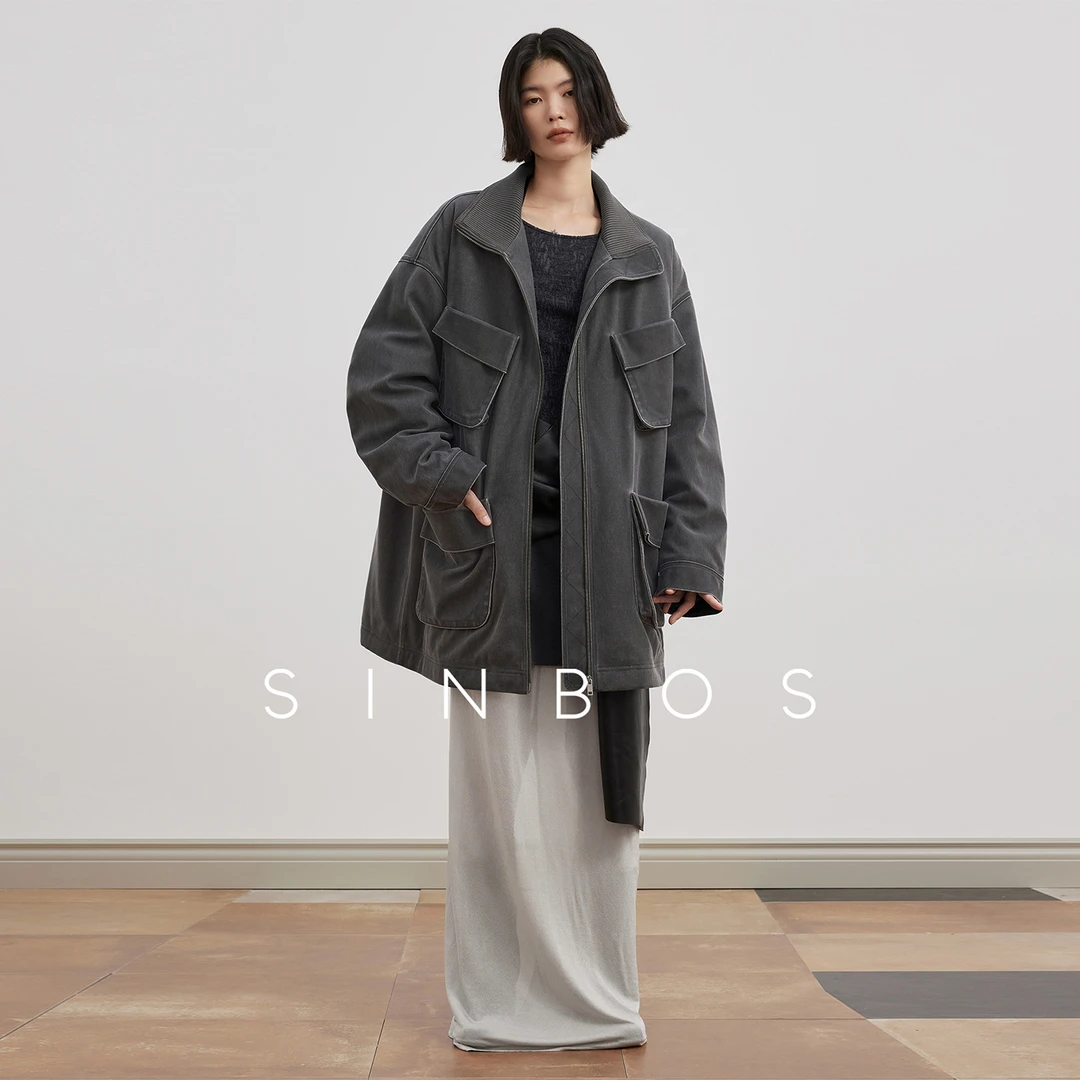 SINBOS循迹 VTG风格慵懒水洗翻领中长款工装羽绒服女2025秋冬新款