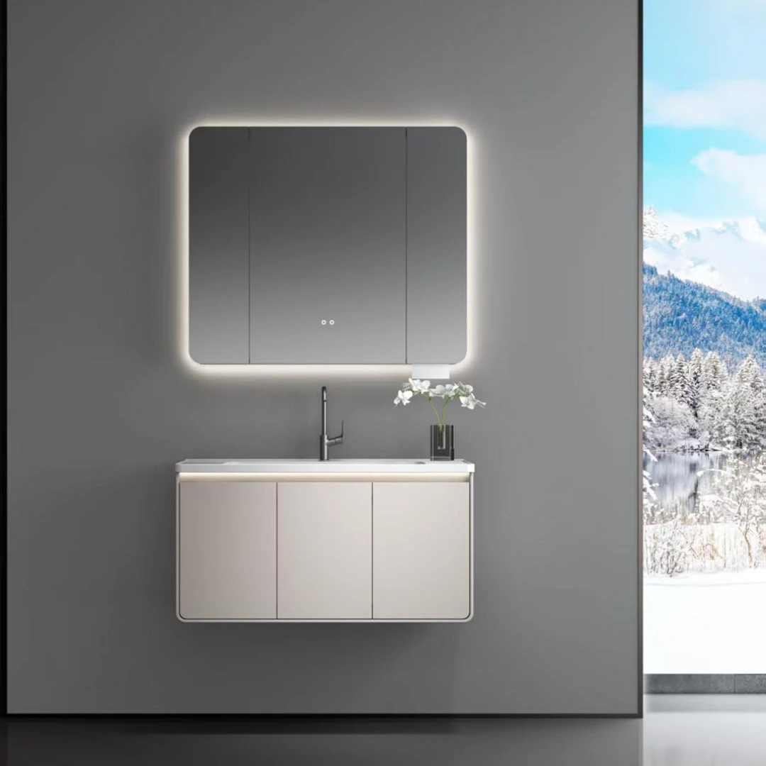 M009欧联橡胶木拉篮陶瓷一体盆浴室柜组合卫生间洗脸盆柜洗漱台