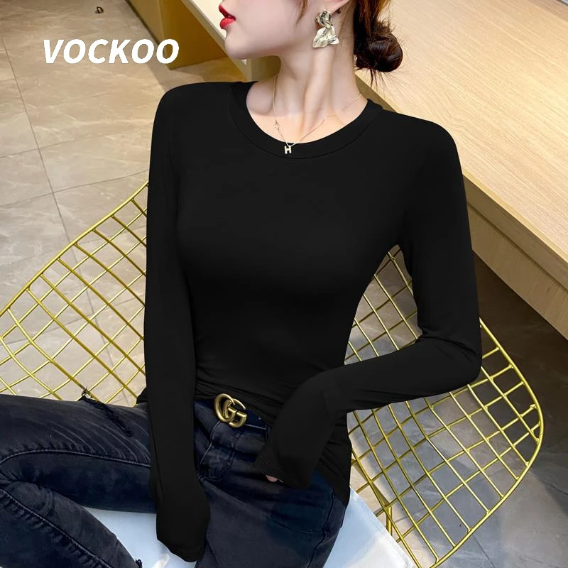 VOCKOO黑色莫代尔圆领打底衫女内搭2025早春季新款时尚紧身薄款