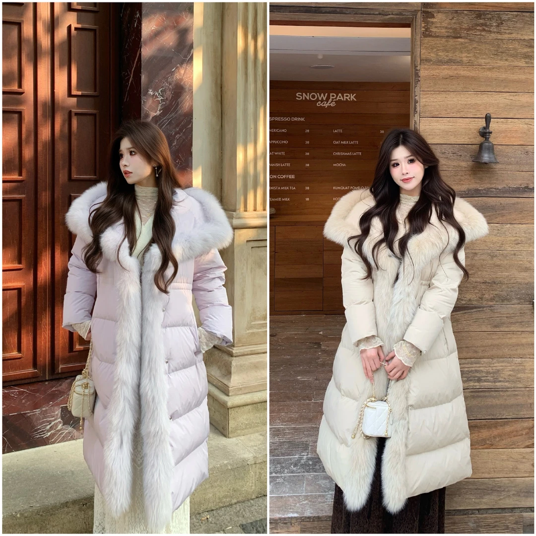 李潇洒【雪国之恋】微胖冬季狐狸毛领90白鸭绒长款系带保暖
