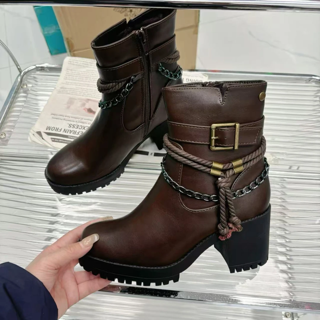 XGX868女鞋靴子时装靴英伦风中粗跟拉链短筒时尚短靴2025新款