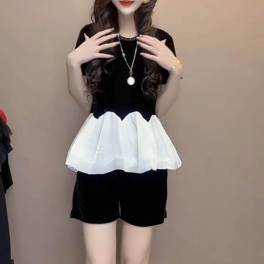 短袖拼接荷叶边上衣搭配裤子套装两件套