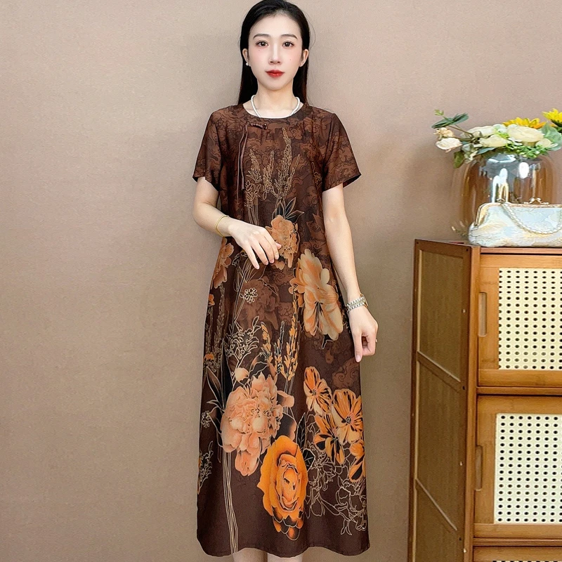 流苏咖色牡丹  气质中长款秋季时连衣裙百搭遮肉裙子