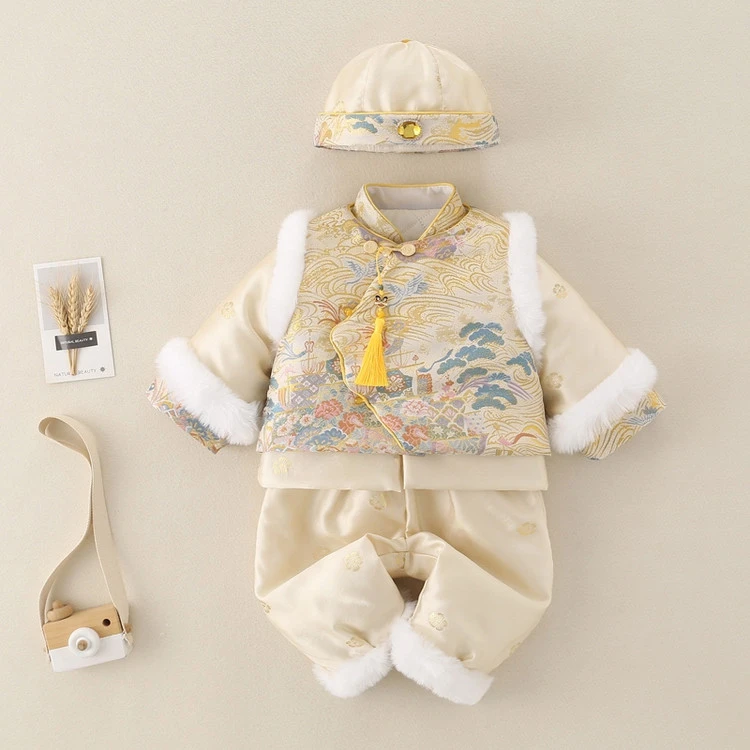 宝宝周岁礼服新中式套装儿童生日新年冬季过年唐装男童抓周拜年服