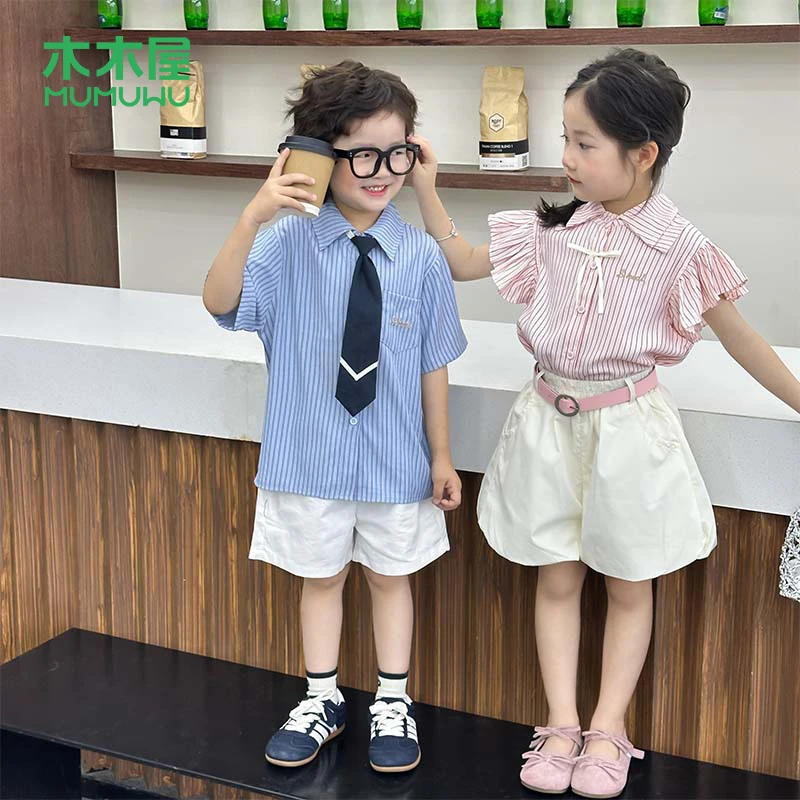 【主播推荐】【顾奈】木木屋学院风男女童衬衫短裤两件套姐弟装HCB495