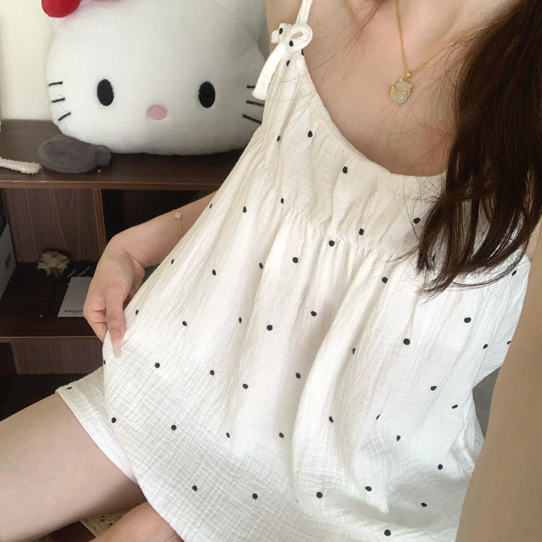 夏季少女日系波点棉纱吊带女款睡衣两件套睡衣女款爆款2025新款