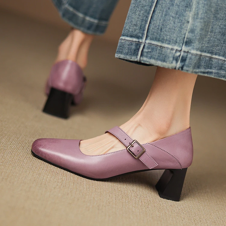 【RISE】文艺复古方头头层水洗牛皮里外全皮春季简约粗跟浅口纯色