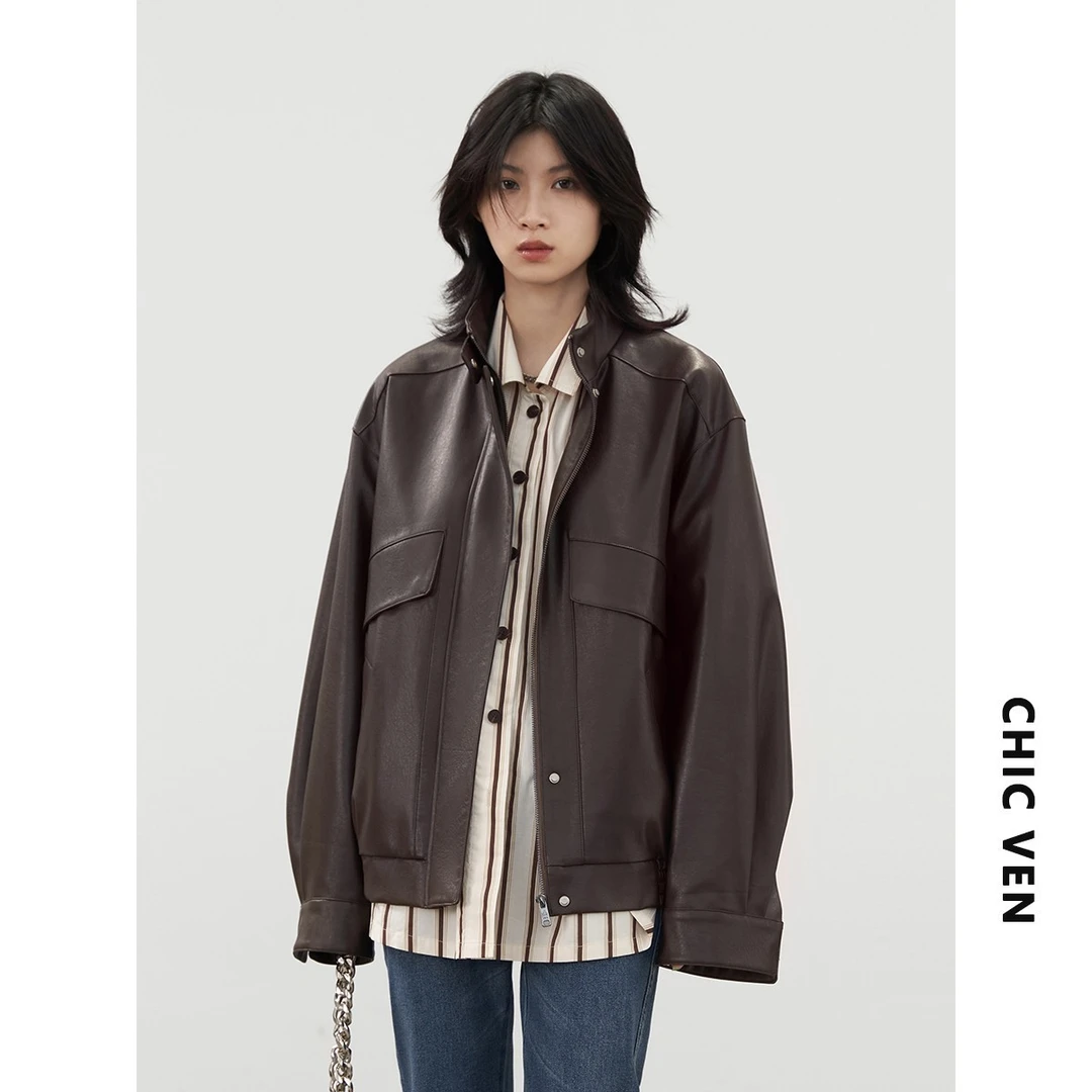 CHIC VEN官方韩版复古休闲中性风立领pu皮衣外套夹克122QW31808