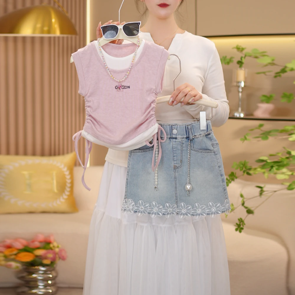 【闺蜜家】女童2025夏季新款韩系假两件无袖T恤+牛仔裙套装-8114