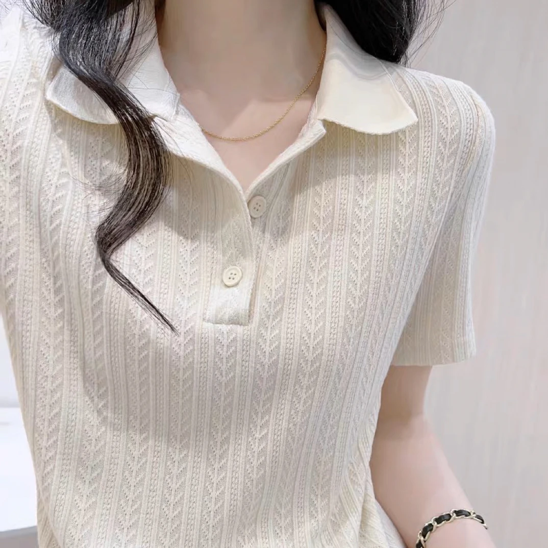 polo衫针织短袖t恤女夏季2025新款正肩修身百搭显瘦气质半袖上衣