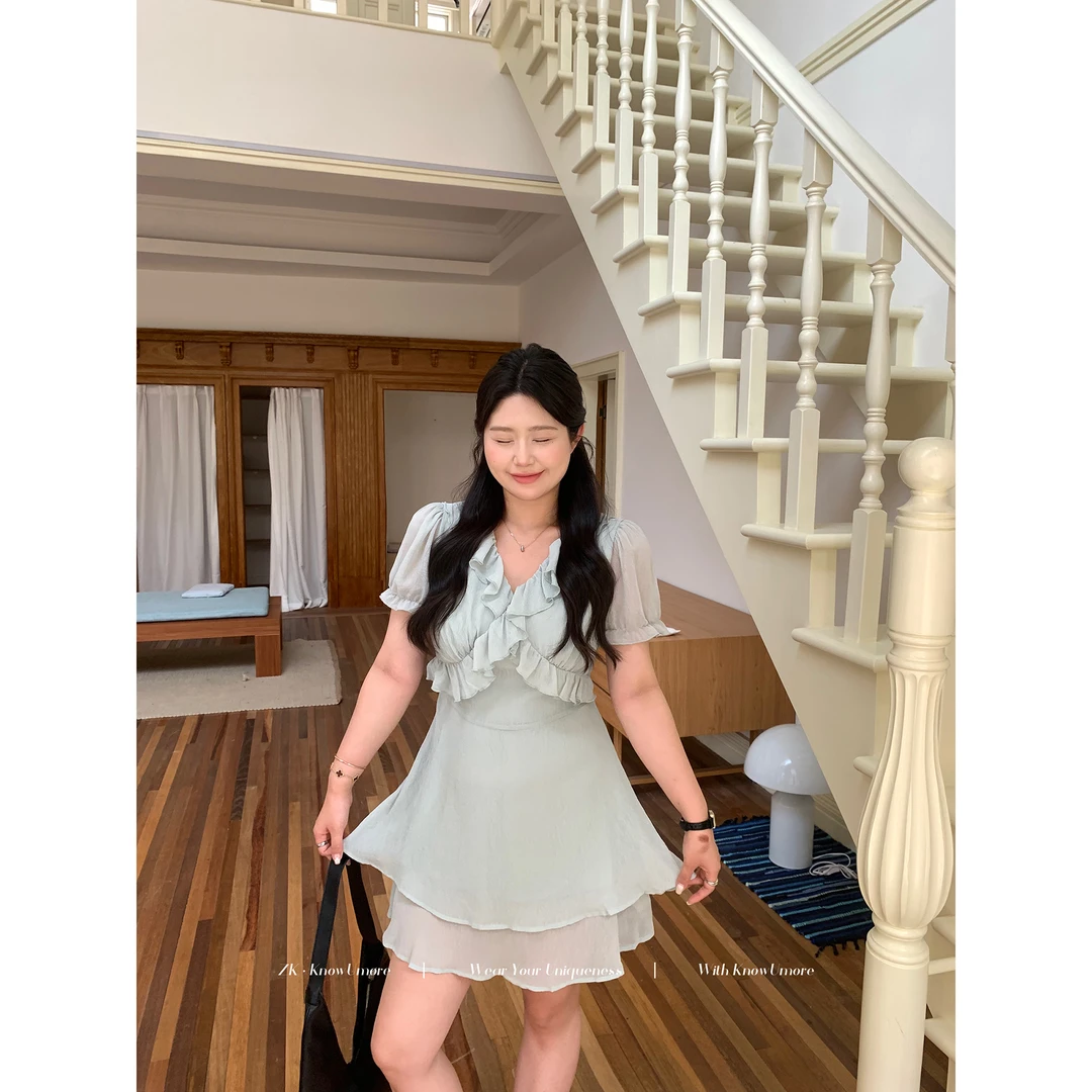 知葵微胖定制【薄荷汽水】初夏韩系立体木耳边收腰连衣裙12242L3500