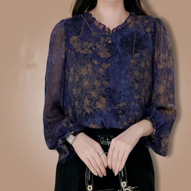 A9988高级感轻奢中式木耳领雪纺衫女2025夏季新款气质小衫上衣女
