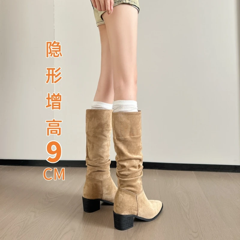内增高堆堆长筒骑士靴子女2025新款春秋法式绒面女款西部牛仔长靴