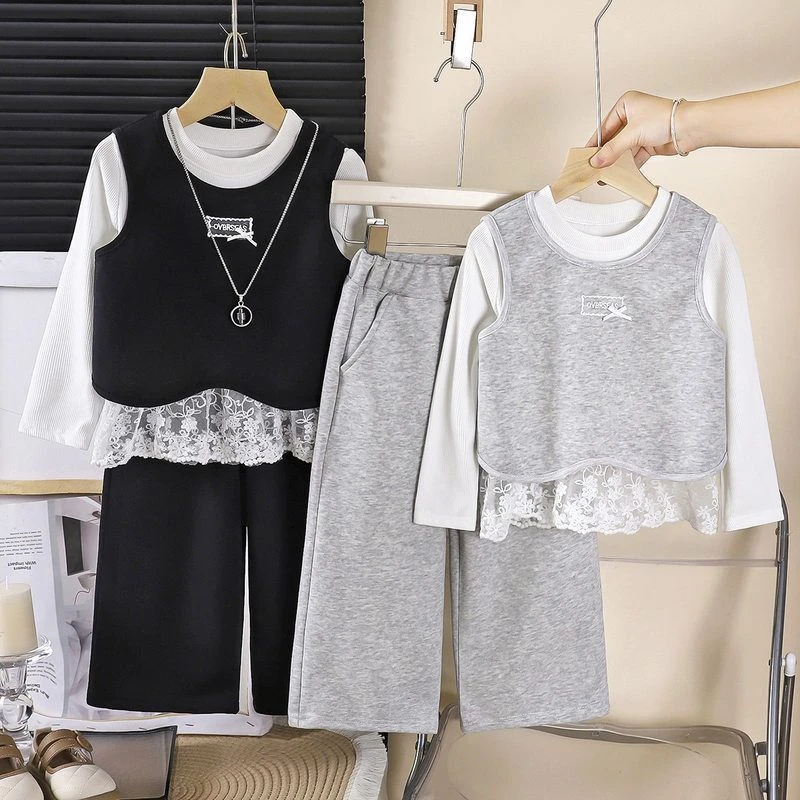 休闲新款小童装女童蕾丝套中运动装儿童时髦甜美秋季三件套马甲