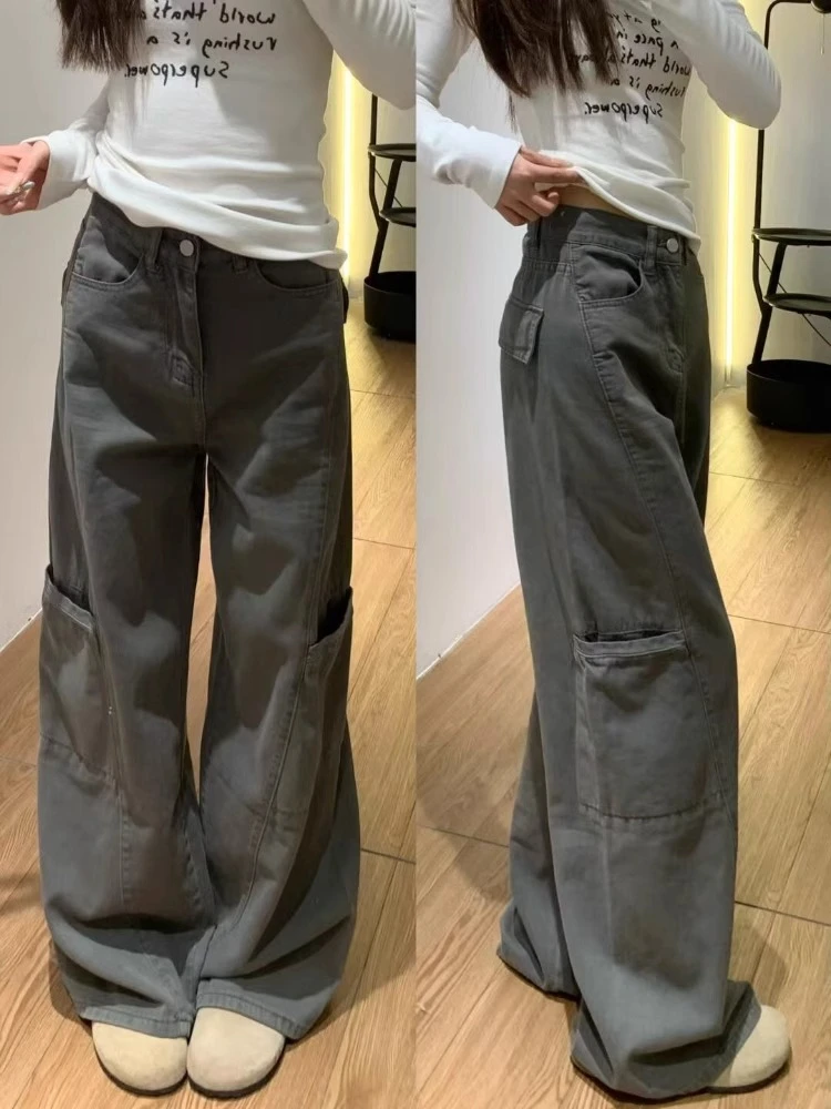 美式水泥灰阔腿工装裤女夏季胖妹妹mm宽松显瘦梨型身材拖地牛仔裤