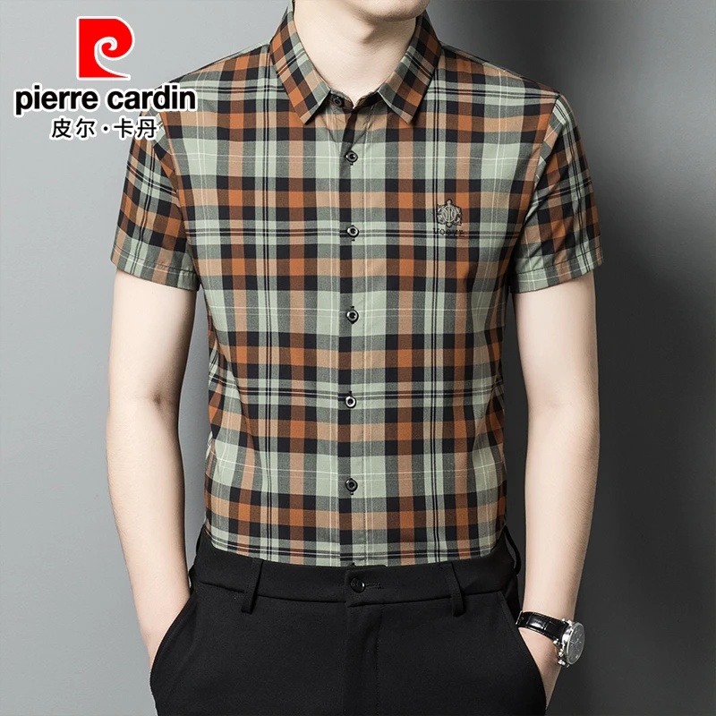 皮尔卡丹衬衫男短袖2025新款夏季薄款男士休闲格子抗皱宽松衬衣