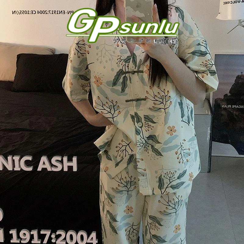 gpsunlu高端新中式睡衣女款夏季新款休闲V领开衫云朵棉复古家居服