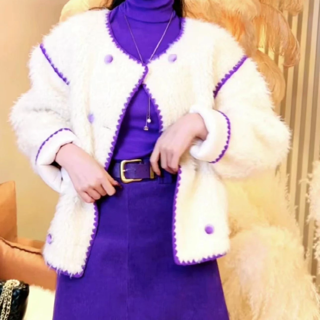 【嘉嘉专享】10106韩版ins风撞色毛毛外套