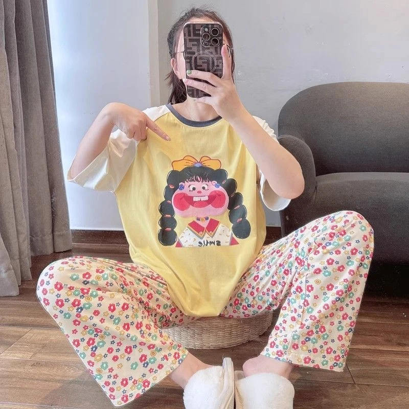 卡通韩版睡衣女夏季纯棉短袖长裤家居服套装学生全棉2026新款春秋