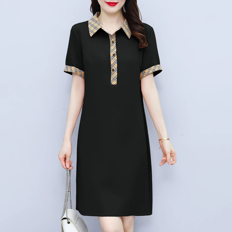 短袖显瘦黑色连衣裙新款简约翻领夏季气质藏肉遮肚洋气中长款裙子