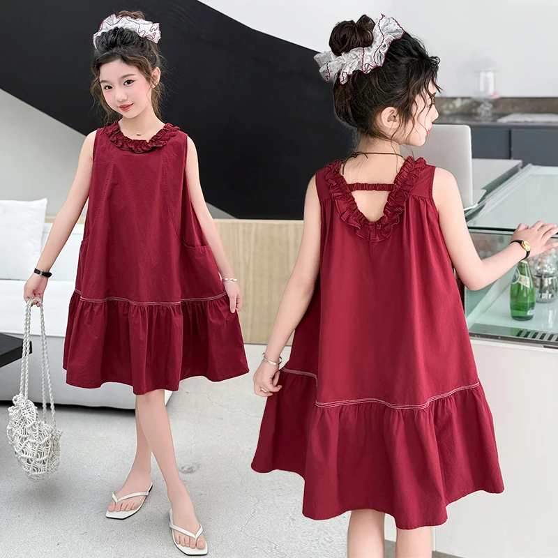 女童夏季女公主裙休闲风纯色连衣裙2025新款儿童背心裙套装夏装