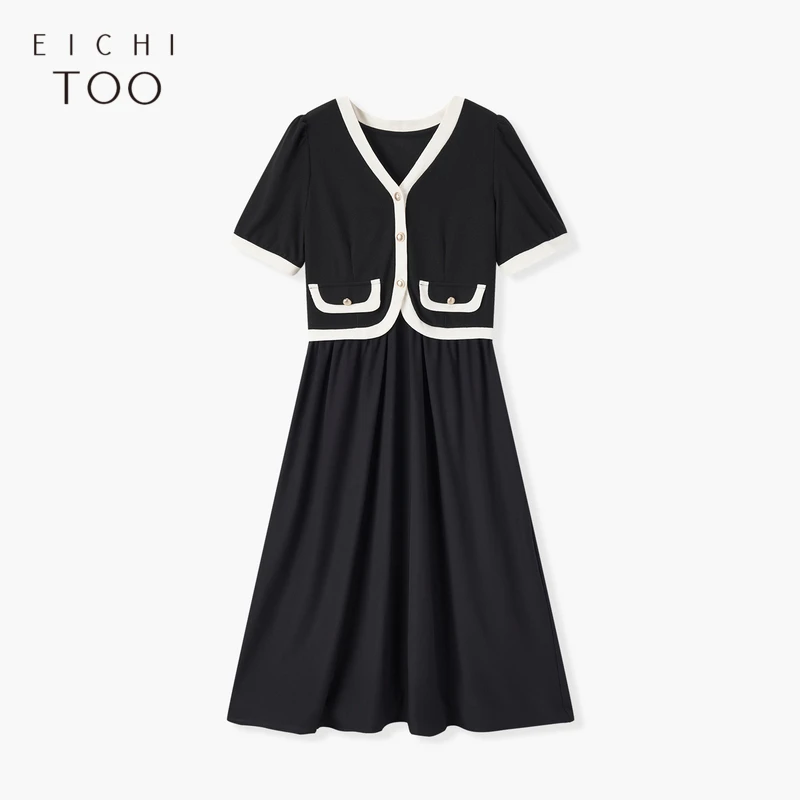 A爱居兔夏季时尚撞色小香风短袖连衣裙EQLBJ2N170A