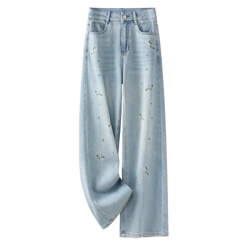 刺绣直筒牛仔裤女春季新款高腰显瘦宽松裤子高端复古窄版阔腿裤子