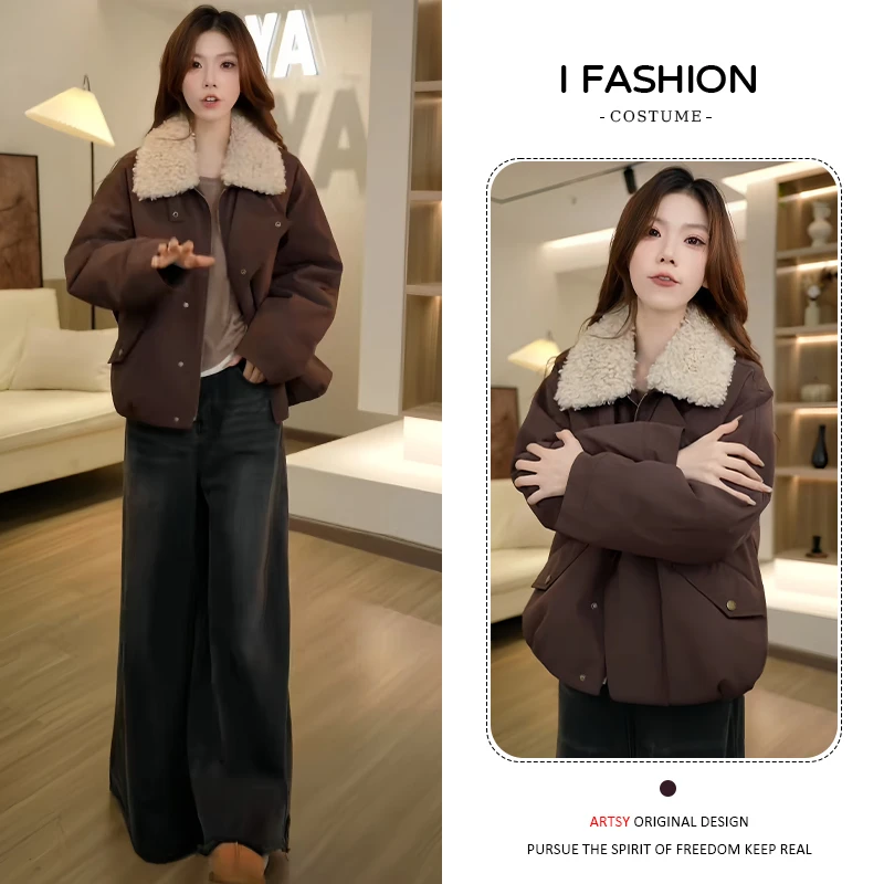时尚潮流设计感长袖棉服女2025年冬季新款小个子撞色百搭派克服潮