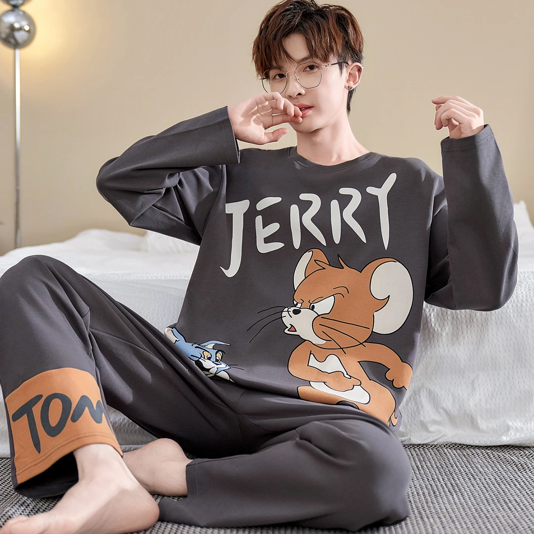 男士睡衣春秋季2025新款长袖纯棉薄卡通中大男孩学生家居服套装冬