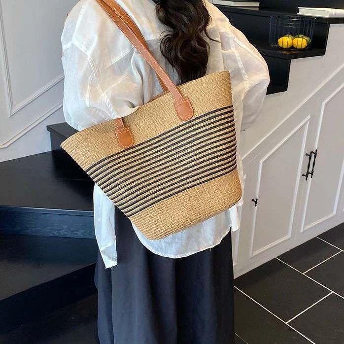 编织草编夏季新款通勤大容量度假单肩百搭条纹时尚沙滩托特包包
