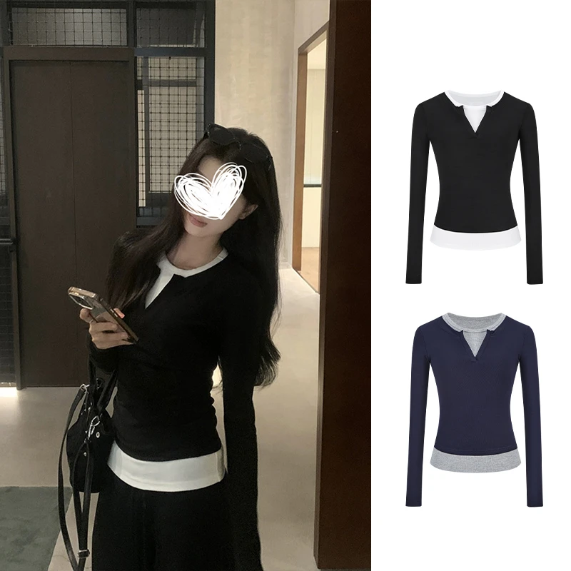 MosesQueen/魔西女王黑白撞色假两件打底V领长袖T恤修身百搭上衣