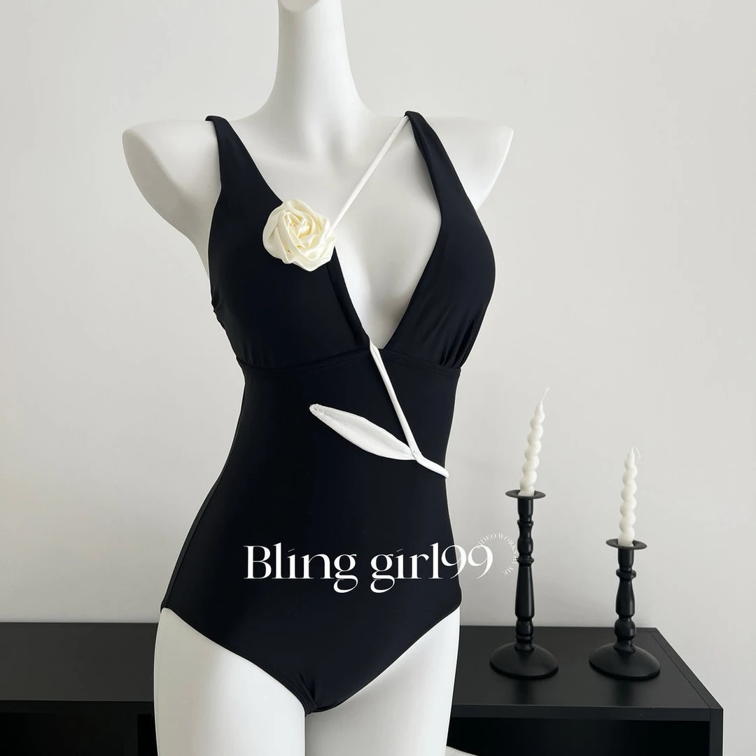 NiceGirl黑色玫瑰法式性感修身连体泳衣女深显瘦露背温泉泳装弹性