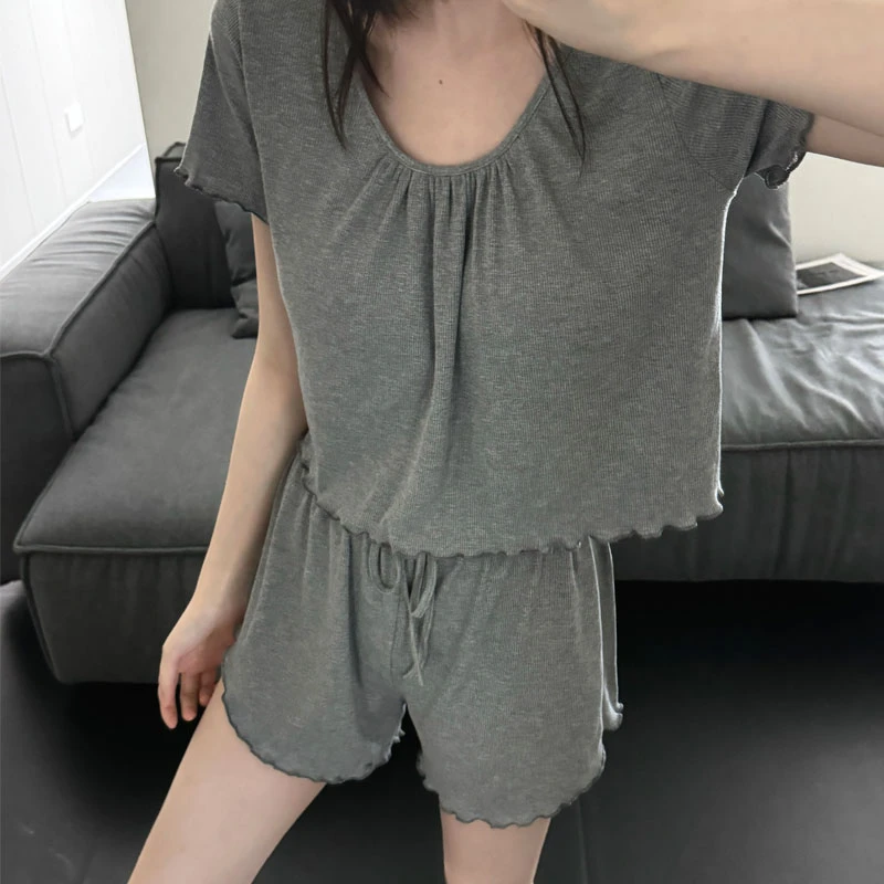 网红短袖睡衣女春秋夏季新款甜美带胸垫纯色简约家居服套装